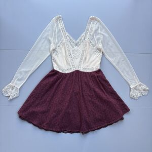 Free People Victorian Lace Dress Sz 4 Burgundy Ivory Bell Cuffs Whimsigoth Goth